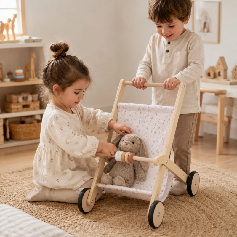 Детска Дървена Количка за Кукли GINGER HOME с Мек Текстилен Кош, Натурално Дърво, 34x46x49.5 см