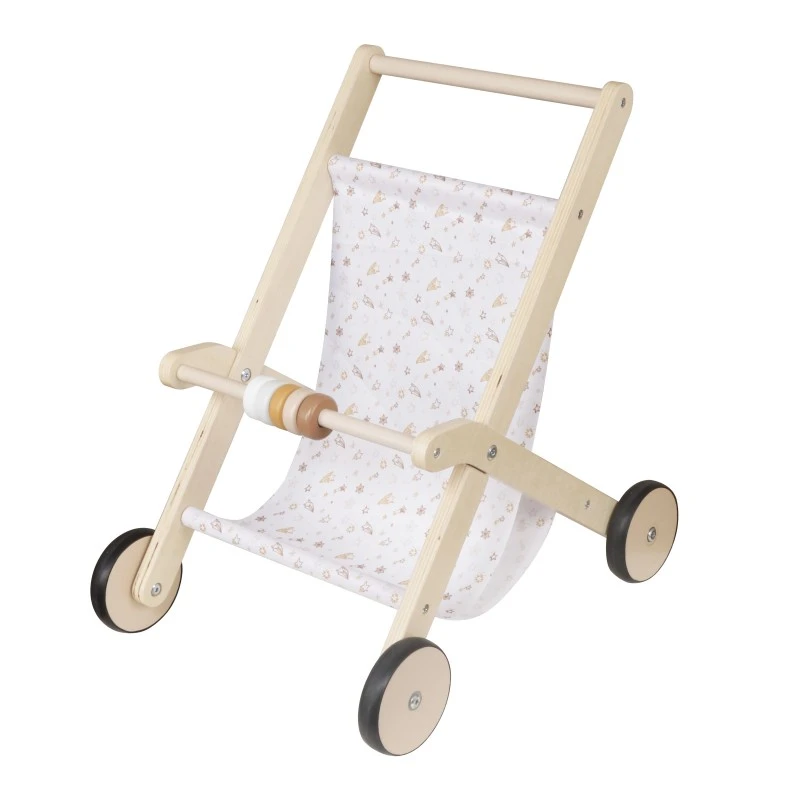 Детска Дървена Количка за Кукли GINGER HOME с Мек Текстилен Кош, Натурално Дърво, 34x46x49.5 см