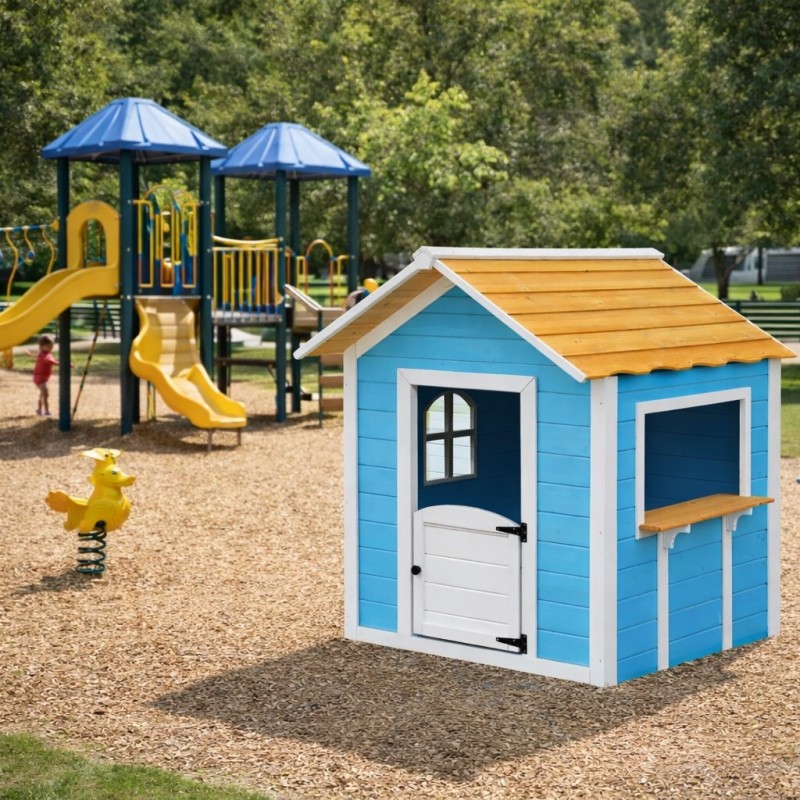 Детска Дървена Къщичка за Игра на Открито GINGER HOME с Прозорци – За Двор и Градина, Синя, 118×138×132.5 см