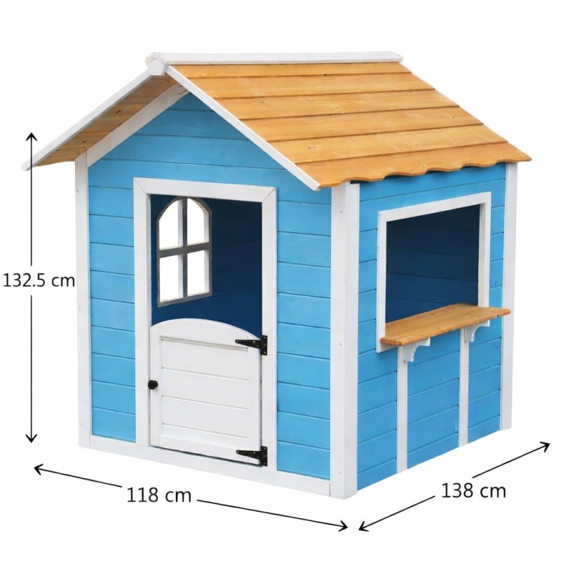 Детска Дървена Къщичка за Игра на Открито GINGER HOME с Прозорци – За Двор и Градина, Синя, 118×138×132.5 см