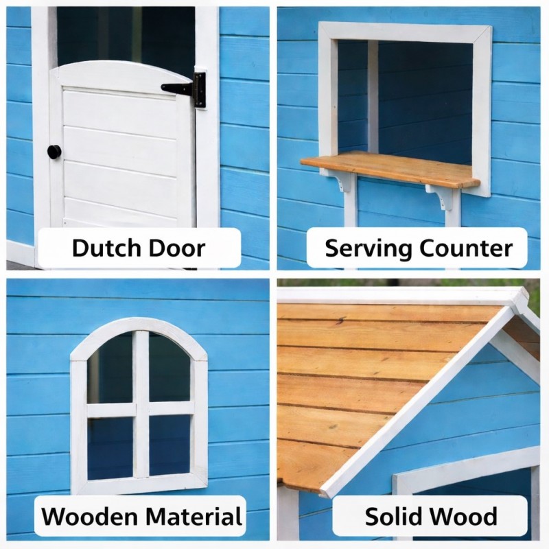 Детска Дървена Къщичка за Игра на Открито GINGER HOME с Прозорци – За Двор и Градина, Синя, 118×138×132.5 см