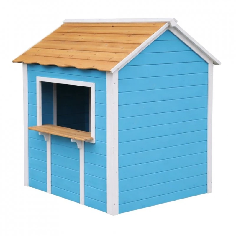 Детска Дървена Къщичка за Игра на Открито GINGER HOME с Прозорци – За Двор и Градина, Синя, 118×138×132.5 см