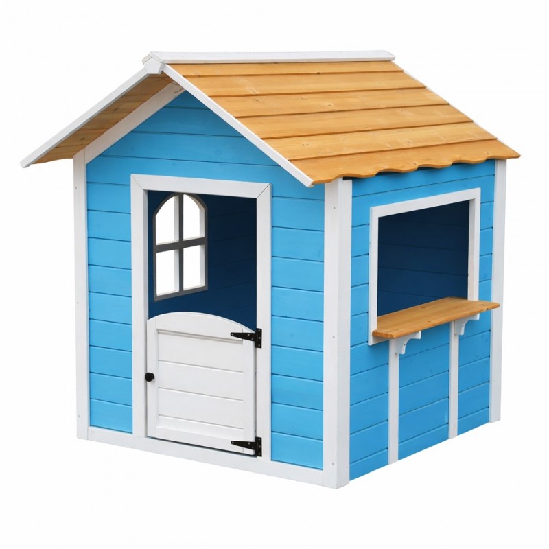 Детска Дървена Къщичка за Игра на Открито GINGER HOME с Прозорци – За Двор и Градина, Синя, 118×138×132.5 см