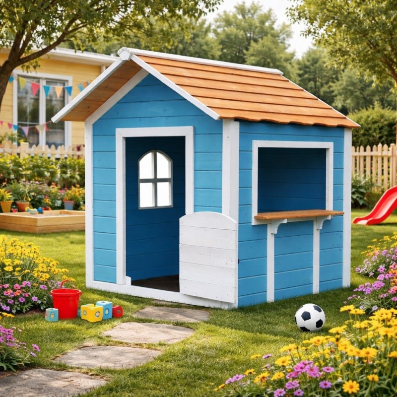 Детска Дървена Къщичка за Игра на Открито GINGER HOME с Прозорци – За Двор и Градина, Синя, 118×138×132.5 см