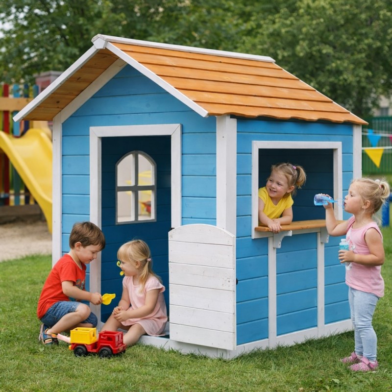 Детска Дървена Къщичка за Игра на Открито GINGER HOME с Прозорци – За Двор и Градина, Синя, 118×138×132.5 см