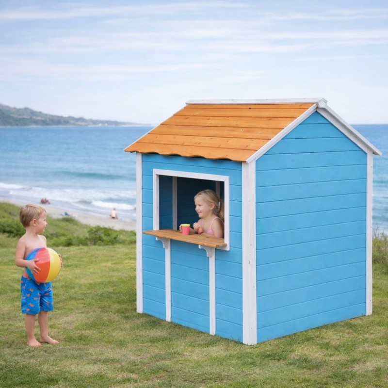 Детска Дървена Къщичка за Игра на Открито GINGER HOME с Прозорци – За Двор и Градина, Синя, 118×138×132.5 см