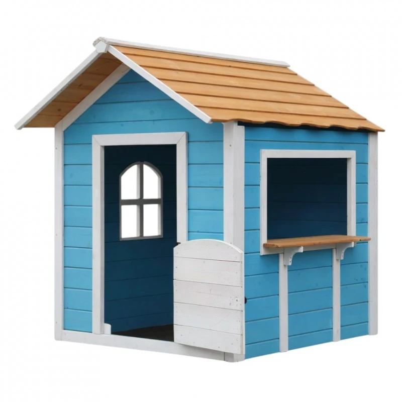 Детска Дървена Къщичка за Игра на Открито GINGER HOME с Прозорци – За Двор и Градина, Синя, 118×138×132.5 см