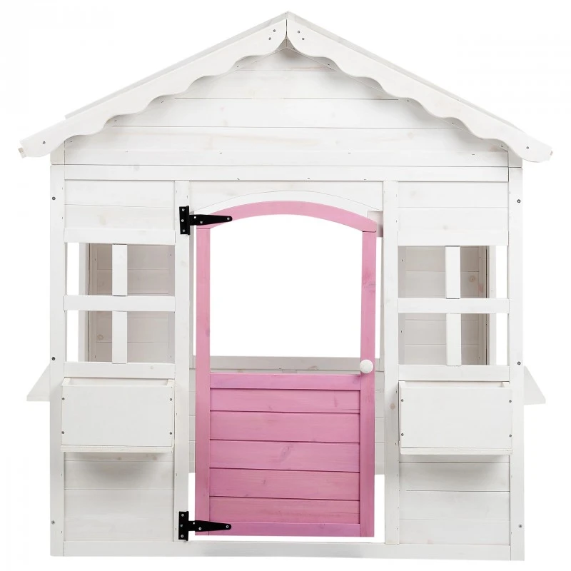 Детска Дървена Къщичка за Игра на Открито GINGER HOME с Прозорци и Саксии за Цветя – За Двор и Градина, Бяла, 123×106×125 см