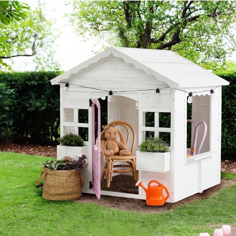 Детска Дървена Къщичка за Игра на Открито GINGER HOME с Прозорци и Саксии за Цветя – За Двор и Градина, Бяла, 123×106×125 см
