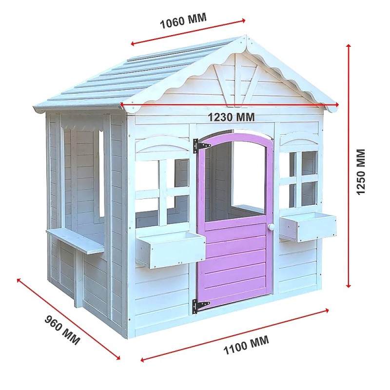 Детска Дървена Къщичка за Игра на Открито GINGER HOME с Прозорци и Саксии за Цветя – За Двор и Градина, Бяла, 123×106×125 см