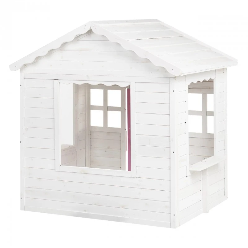 Детска Дървена Къщичка за Игра на Открито GINGER HOME с Прозорци и Саксии за Цветя – За Двор и Градина, Бяла, 123×106×125 см