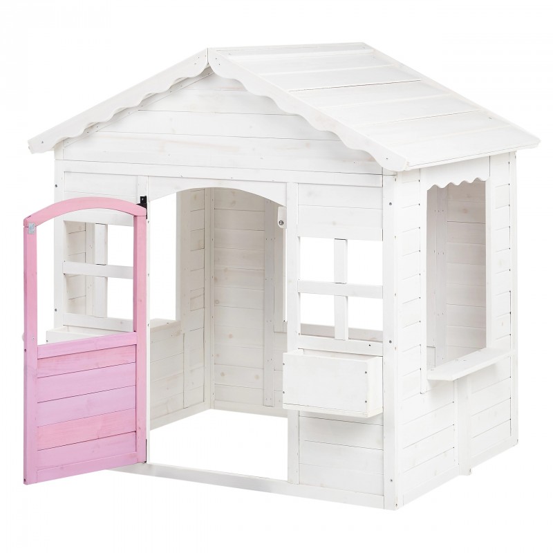 Детска Дървена Къщичка за Игра на Открито GINGER HOME с Прозорци и Саксии за Цветя – За Двор и Градина, Бяла, 123×106×125 см