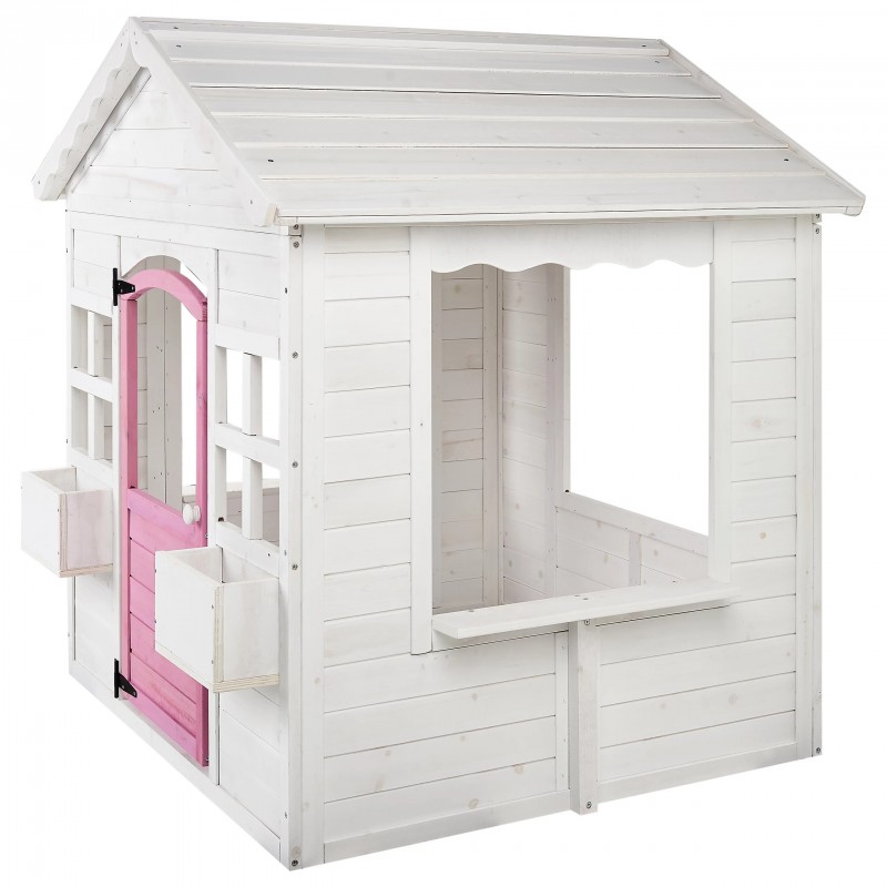 Детска Дървена Къщичка за Игра на Открито GINGER HOME с Прозорци и Саксии за Цветя – За Двор и Градина, Бяла, 123×106×125 см