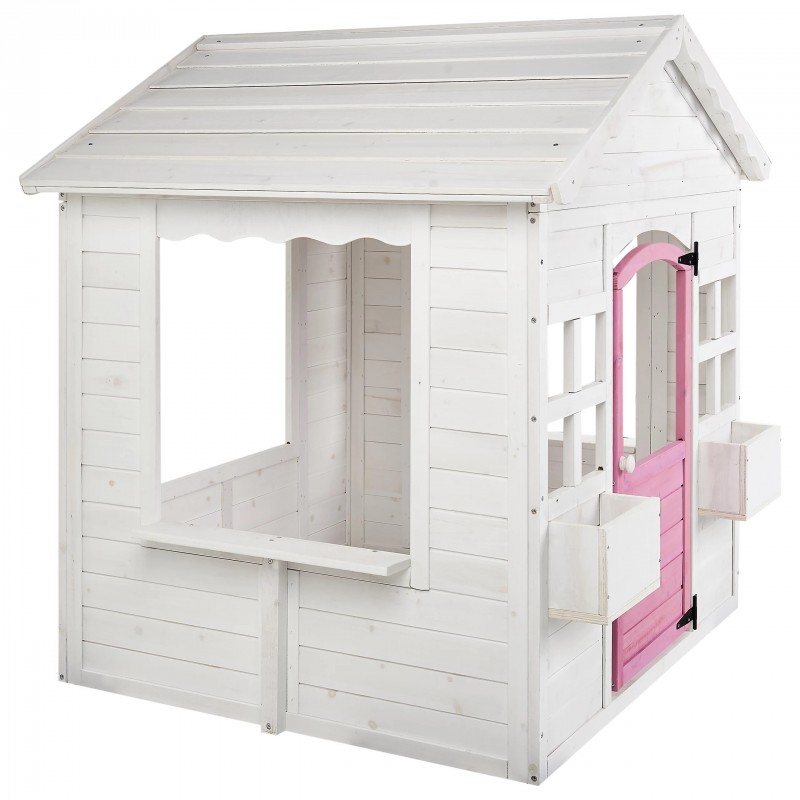 Детска Дървена Къщичка за Игра на Открито GINGER HOME с Прозорци и Саксии за Цветя – За Двор и Градина, Бяла, 123×106×125 см