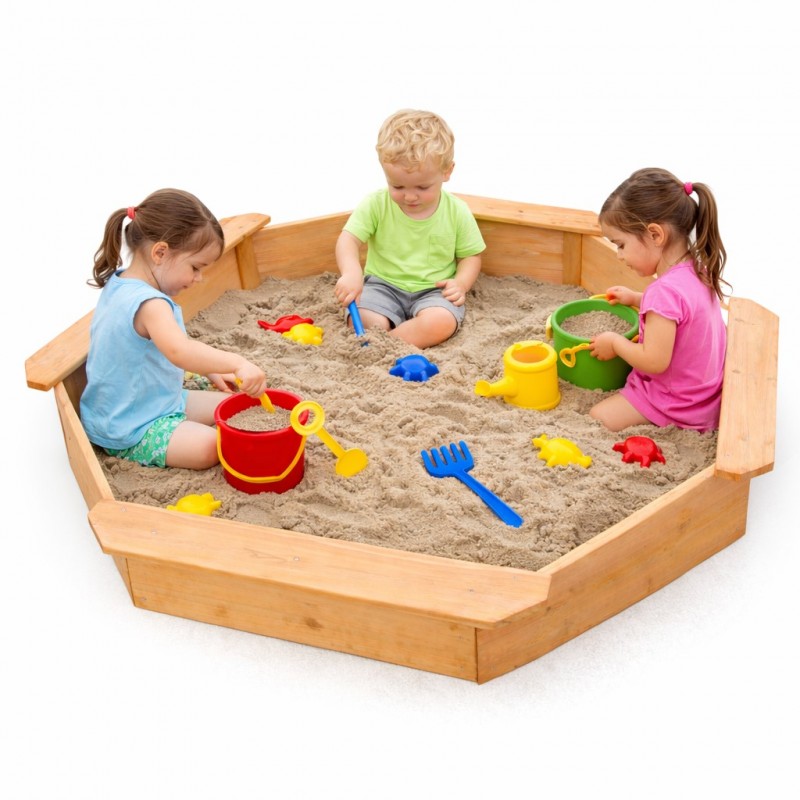 Детски Дървен Пясъчник с 4 Седалки GINGER HOME – Играчка за Открито за Двор и Градина, 134.5x134.5x19.5 см