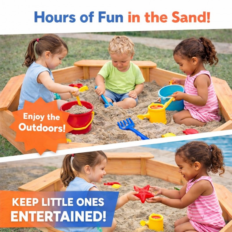 Детски Дървен Пясъчник с 4 Седалки GINGER HOME – Играчка за Открито за Двор и Градина, 134.5x134.5x19.5 см
