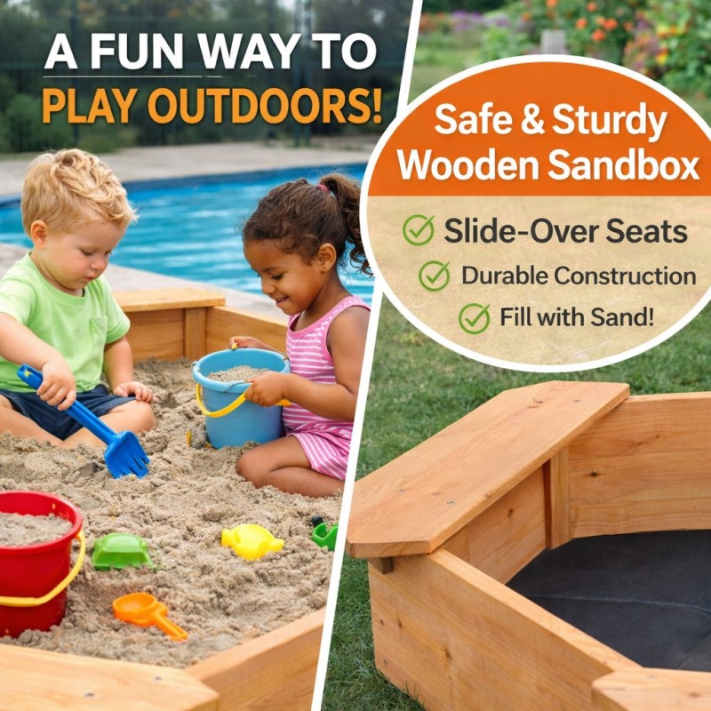 Детски Дървен Пясъчник с 4 Седалки GINGER HOME – Играчка за Открито за Двор и Градина, 134.5x134.5x19.5 см