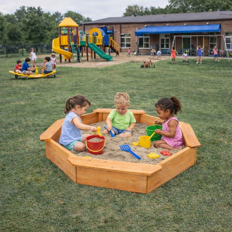 Детски Дървен Пясъчник с 4 Седалки GINGER HOME – Играчка за Открито за Двор и Градина, 134.5x134.5x19.5 см