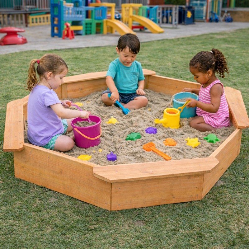 Детски Дървен Пясъчник с 4 Седалки GINGER HOME – Играчка за Открито за Двор и Градина, 134.5x134.5x19.5 см