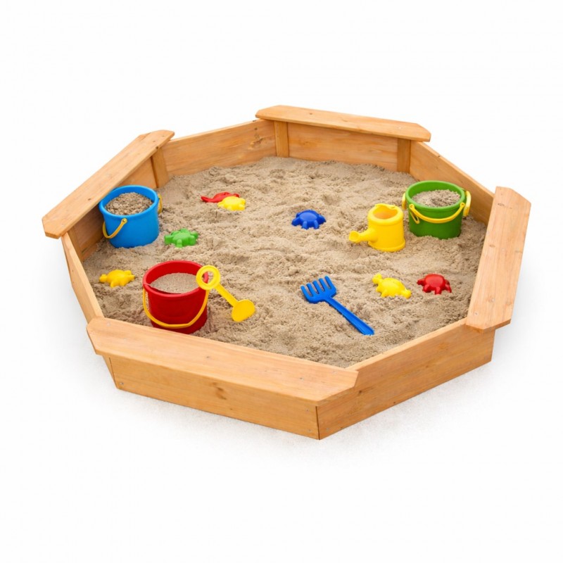 Детски Дървен Пясъчник с 4 Седалки GINGER HOME – Играчка за Открито за Двор и Градина, 134.5x134.5x19.5 см