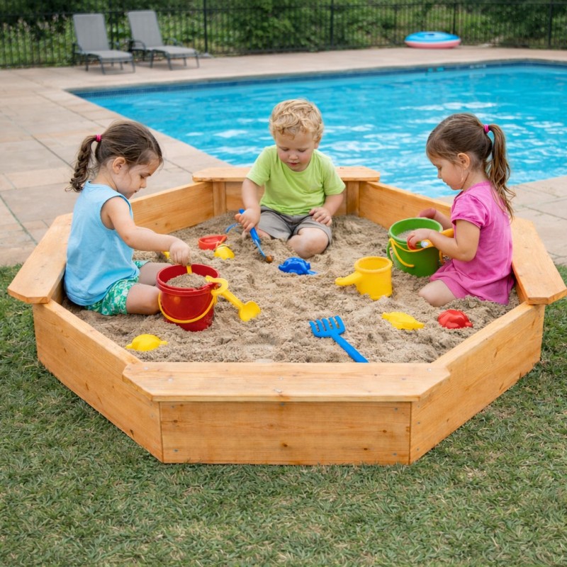 Детски Дървен Пясъчник с 4 Седалки GINGER HOME – Играчка за Открито за Двор и Градина, 134.5x134.5x19.5 см