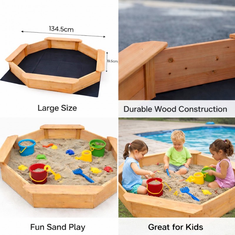 Детски Дървен Пясъчник с 4 Седалки GINGER HOME – Играчка за Открито за Двор и Градина, 134.5x134.5x19.5 см