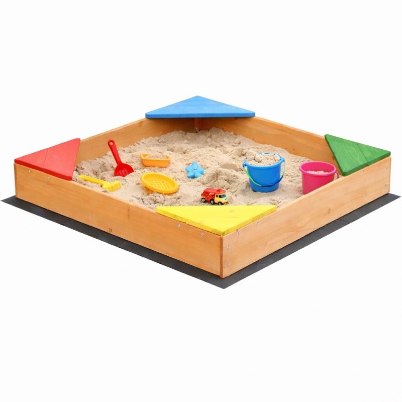 Детски Дървен Пясъчник с 4 Цветни Седалки GINGER HOME – Градинска Играчка за Игра с Пясък, 90x90x12 см