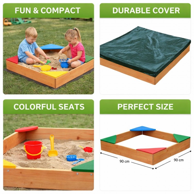 Детски Дървен Пясъчник с 4 Цветни Седалки GINGER HOME – Градинска Играчка за Игра с Пясък, 90x90x12 см