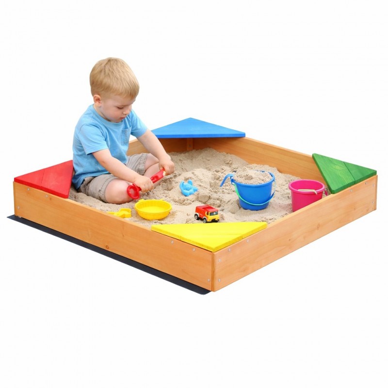 Детски Дървен Пясъчник с 4 Цветни Седалки GINGER HOME – Градинска Играчка за Игра с Пясък, 90x90x12 см