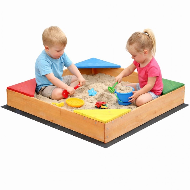 Детски Дървен Пясъчник с 4 Цветни Седалки GINGER HOME – Градинска Играчка за Игра с Пясък, 90x90x12 см