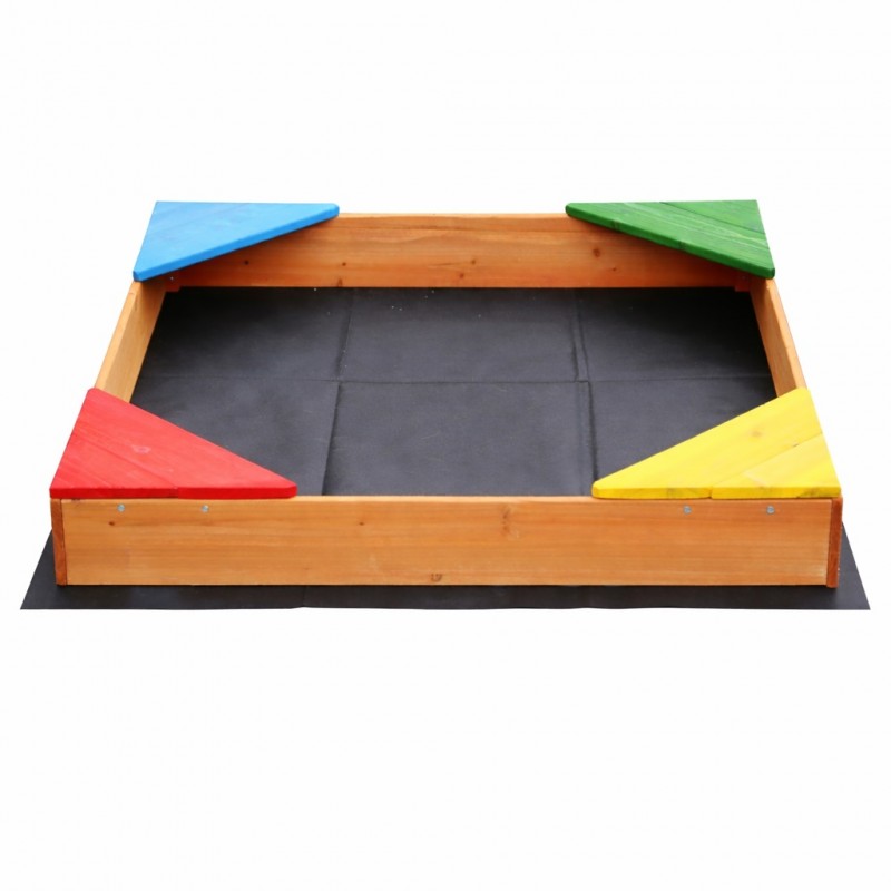 Детски Дървен Пясъчник с 4 Цветни Седалки GINGER HOME – Градинска Играчка за Игра с Пясък, 90x90x12 см