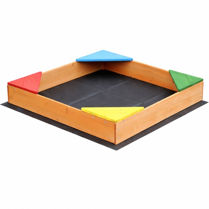 Детски Дървен Пясъчник с 4 Цветни Седалки GINGER HOME – Градинска Играчка за Игра с Пясък, 90x90x12 см