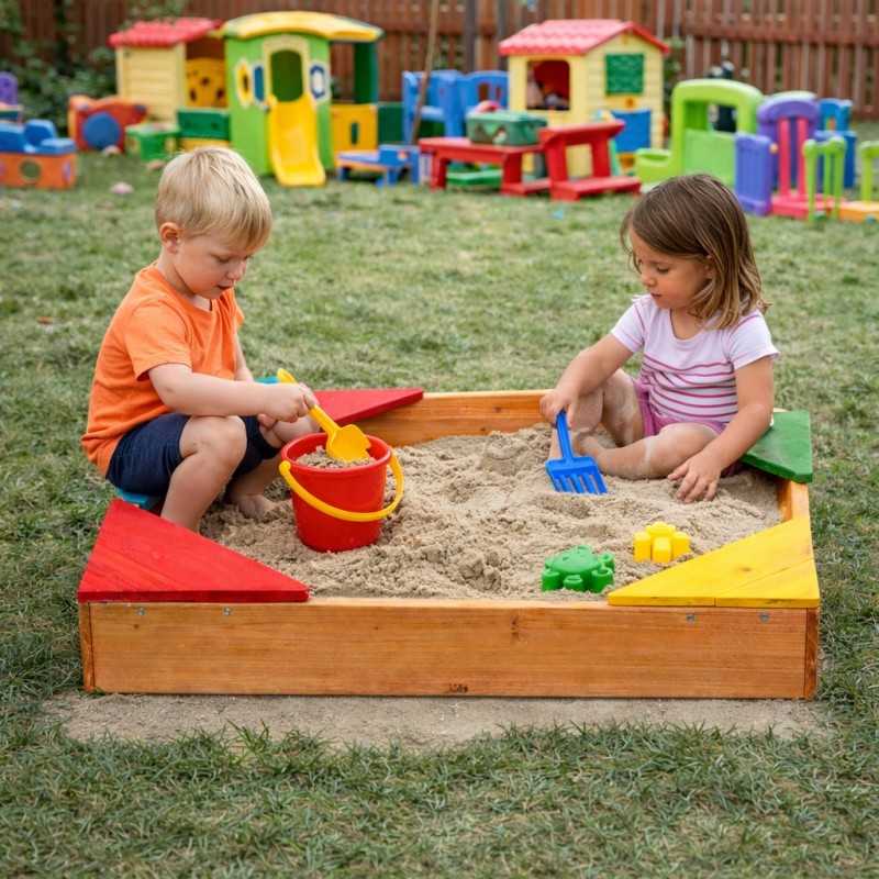 Детски Дървен Пясъчник с 4 Цветни Седалки GINGER HOME – Градинска Играчка за Игра с Пясък, 90x90x12 см