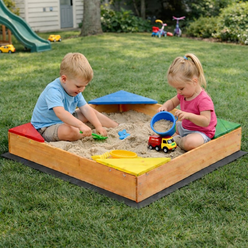 Детски Дървен Пясъчник с 4 Цветни Седалки GINGER HOME – Градинска Играчка за Игра с Пясък, 90x90x12 см