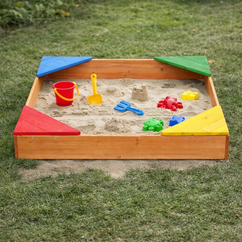 Детски Дървен Пясъчник с 4 Цветни Седалки GINGER HOME – Градинска Играчка за Игра с Пясък, 90x90x12 см