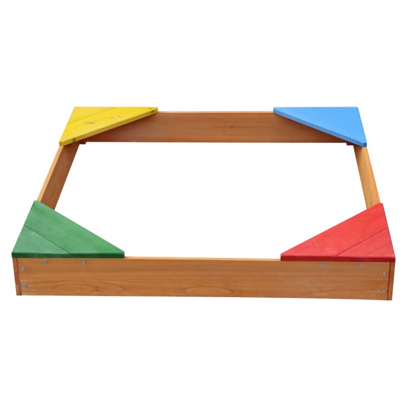 Детски Дървен Пясъчник с 4 Цветни Седалки GINGER HOME – Градинска Играчка за Игра с Пясък, 90x90x12 см