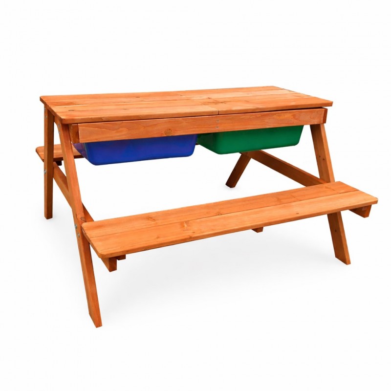 Детска Дървена Маса с Пейки и Пясъчник GINGER HOME, Повдигащ се Плот, 2 Кутии за Съхранение, 90x86x50 См