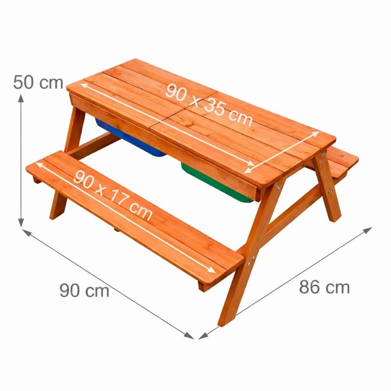 Детска Дървена Маса с Пейки и Пясъчник GINGER HOME, Повдигащ се Плот, 2 Кутии за Съхранение, 90x86x50 См