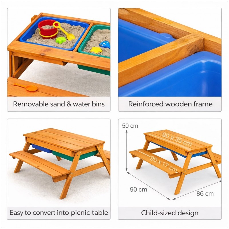 Детска Дървена Маса с Пейки и Пясъчник GINGER HOME, Повдигащ се Плот, 2 Кутии за Съхранение, 90x86x50 См