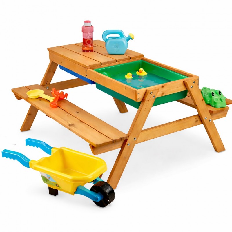 Детска Дървена Маса с Пейки и Пясъчник GINGER HOME, Повдигащ се Плот, 2 Кутии за Съхранение, 90x86x50 См