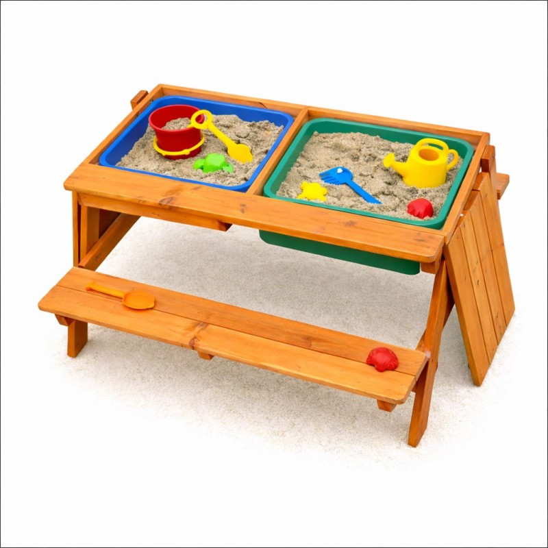 Детска Дървена Маса с Пейки и Пясъчник GINGER HOME, Повдигащ се Плот, 2 Кутии за Съхранение, 90x86x50 См