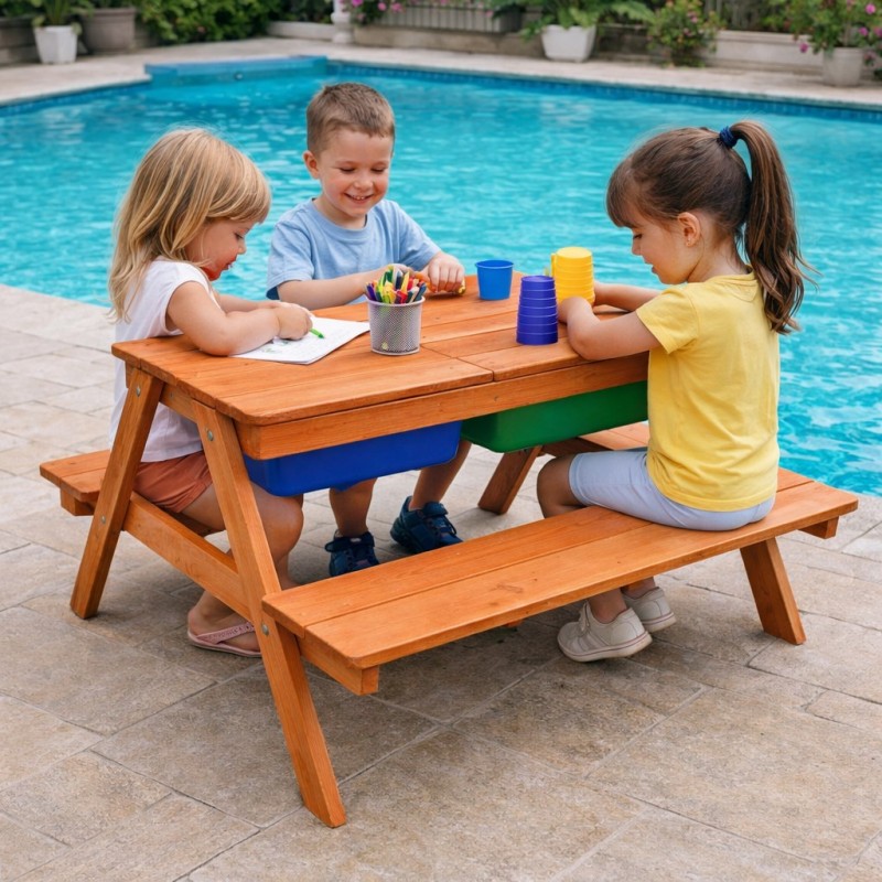 Детска Дървена Маса с Пейки и Пясъчник GINGER HOME, Повдигащ се Плот, 2 Кутии за Съхранение, 90x86x50 См