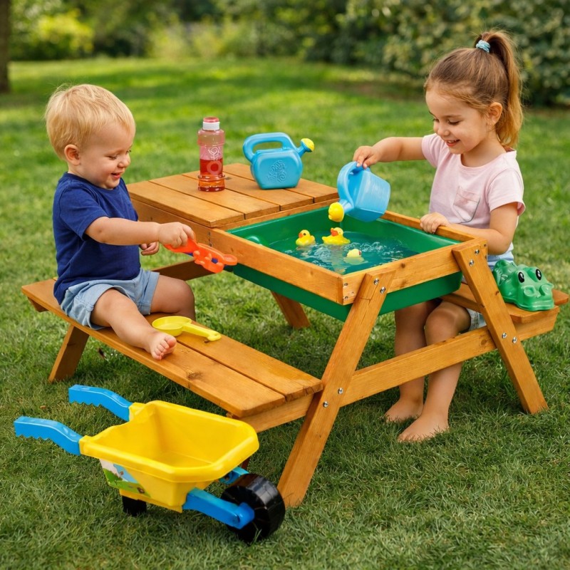 Детска Дървена Маса с Пейки и Пясъчник GINGER HOME, Повдигащ се Плот, 2 Кутии за Съхранение, 90x86x50 См