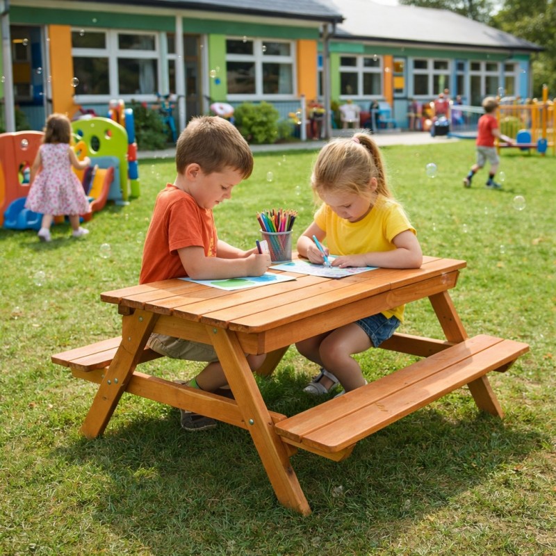 Детска Дървена Маса с Пейки и Пясъчник GINGER HOME, Повдигащ се Плот, 2 Кутии за Съхранение, 90x86x50 См