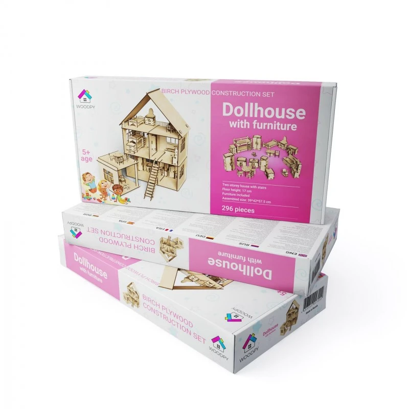 Дървена къща за кукли с мебели WOODPY, сглобяема, 296 части