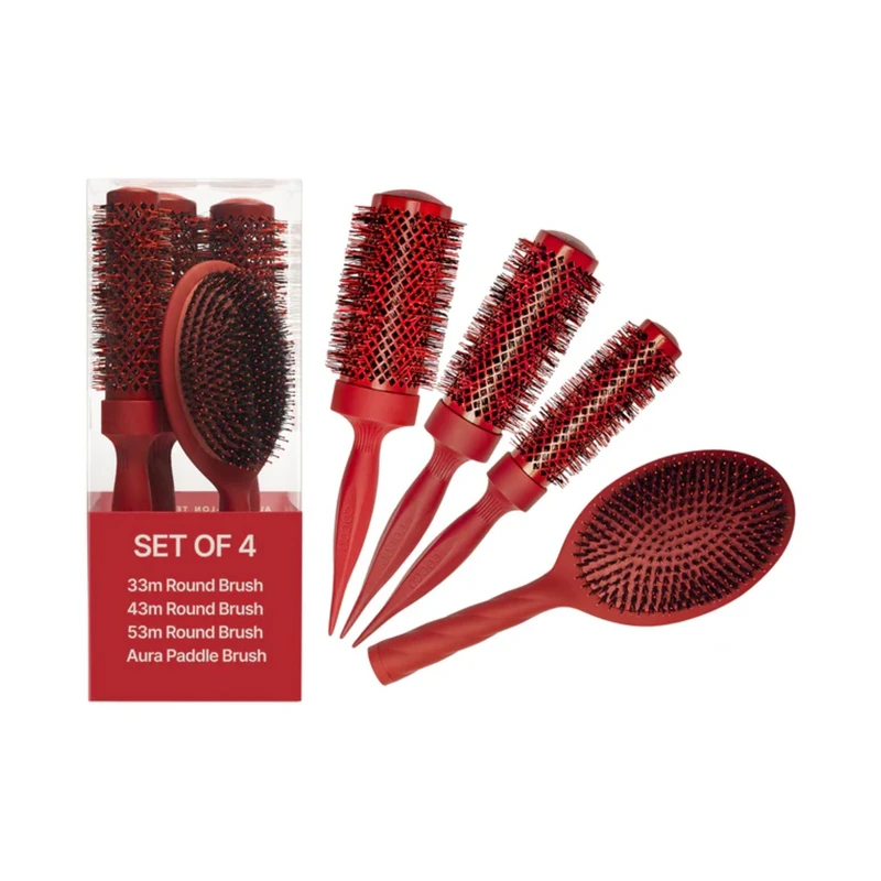 Комплект 4 броя професионални четки за коса Cocco Aura Brush Set, червени