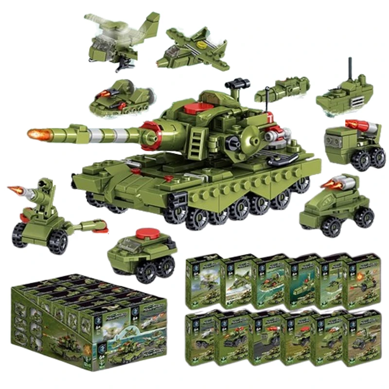 Комплект конструктори Военни машини, Пластмасови, 12 броя, Многоцветен