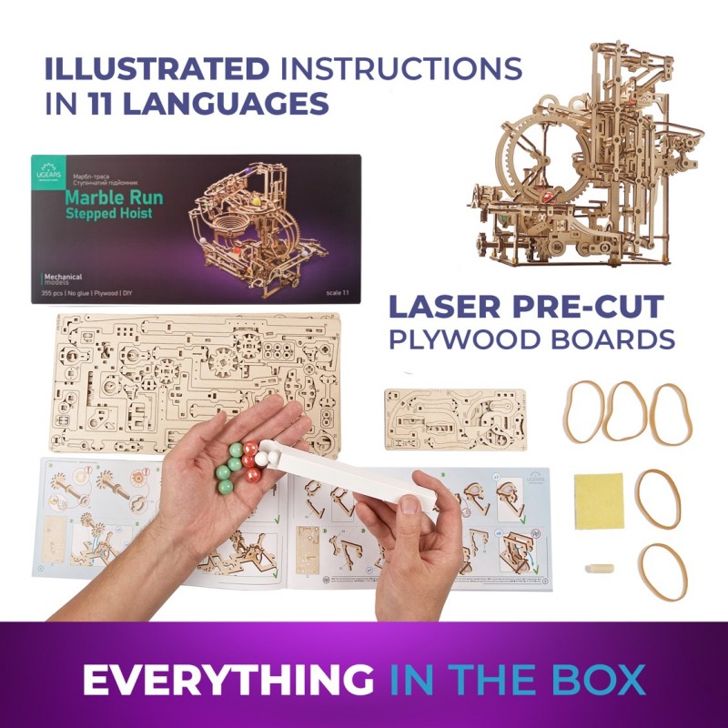 3D Пъзел Ugears Писта за мраморни топчета-стъпаловидно&nbsp;