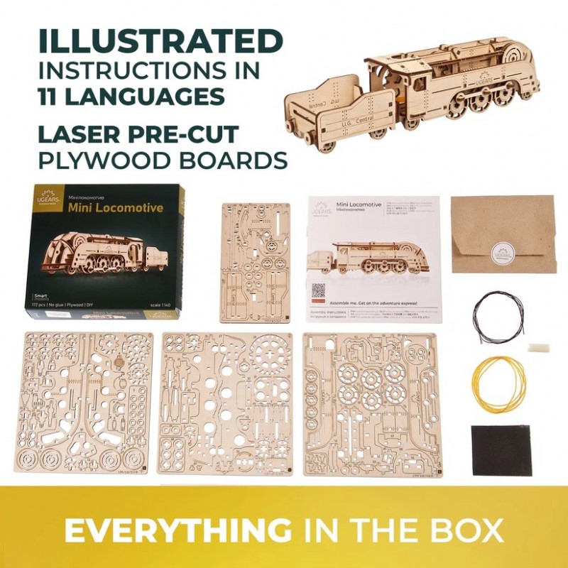 3D Пъзел Ugears Мини Локомотив-3Д мини модел-Дърво&nbsp;