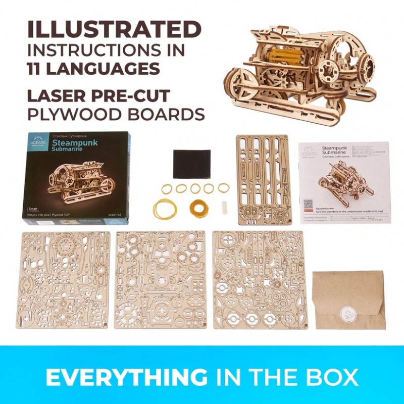 3D Пъзел Ugears Стиймпънк Подводница-3Д модел-Дърво&nbsp;